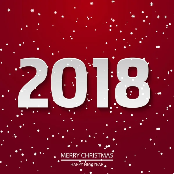 Cartaz de Feliz Ano Novo com texto em papel 2018 em fundo vermelho nevado. Vetor — Vetor de Stock