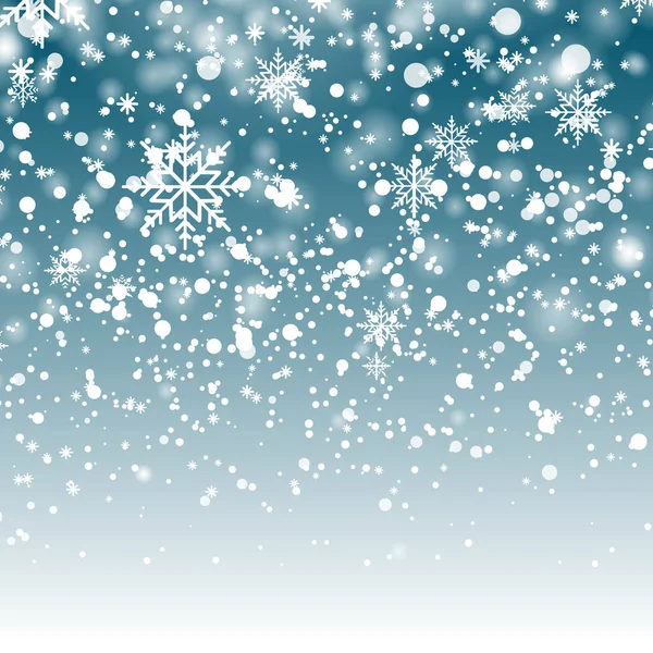 Fondo de Navidad con la caída de copos de nieve en el cielo azul. Vector — Vector de stock