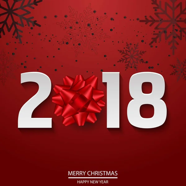 Cartão de felicitações de Natal com flocos de neve em queda e texto 2018 com arco vermelho. Vetor — Vetor de Stock