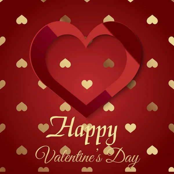 Valentine\'s day greeting card with glowing red heart and golden text. Vector