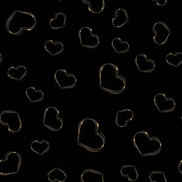 Patrón sin costuras con corazones brillantes de oro sobre fondo negro. Vector — Vector de stock