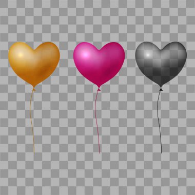 Kırmızı siyah ve altın balon kalpler şeffaf arka plan üzerinde. Vektör