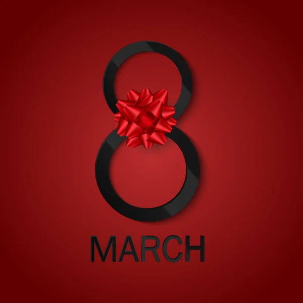 8 de marzo. Tarjeta de felicitación Happy Women 's day con texto negro brillante y cinta roja. Vector — Vector de stock