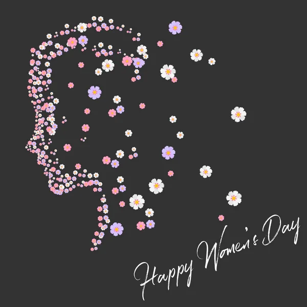 8 March. Women's day greeting card with silhouette flowers of girl. Vector — Stock Vector