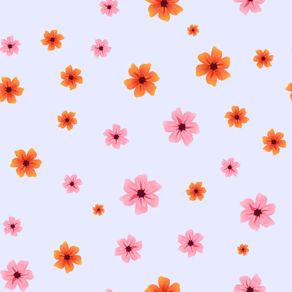 Naadloze patroon met oranje en roze bloemen op blauw. Vector — Stockvector