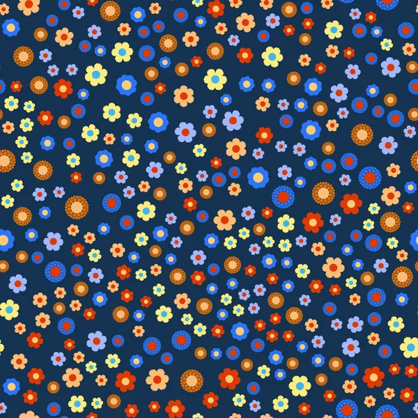 Безшовний візерунок з різнокольоровими квітами на синьому. Векторні — стоковий вектор