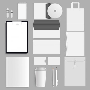 Kurumsal kimlik şablon kümesi. İş kırtasiye mock-up logolu. Vektör.