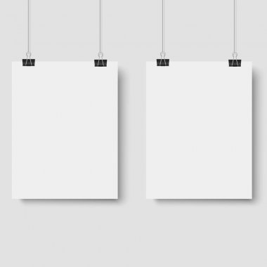 Cilt üzerinde asılı beyaz poster. Beyaz arka plan ile boş kağıt boş kadar sahte. Vektör.