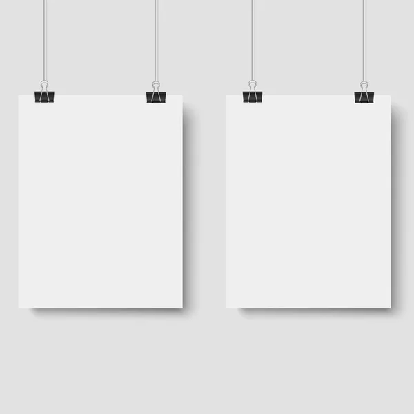 Witte poster opknoping op binder. Witte achtergrond met mock up leeg papier leeg. Vector. — Stockvector