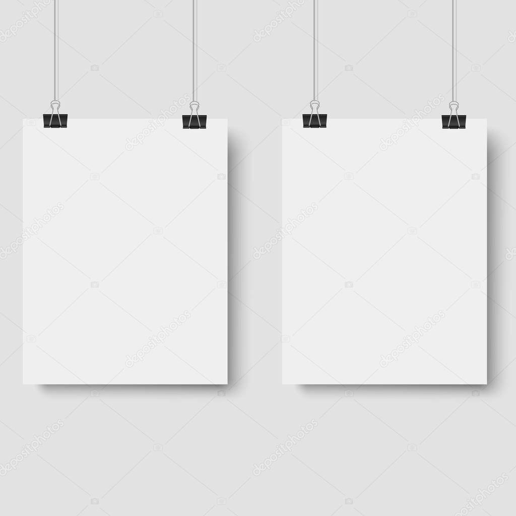 White poster hanging on binder. White background with mock up empty paper blank. Vector.