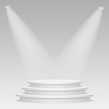 Yuvarlak Sahne Podyum şeffaf arka plan ışık ile aydınlatılmış. Sahne vektör zemin. Ödül töreni kırmızı halı ile şenlikli podyum sahne. Vektör çizim..