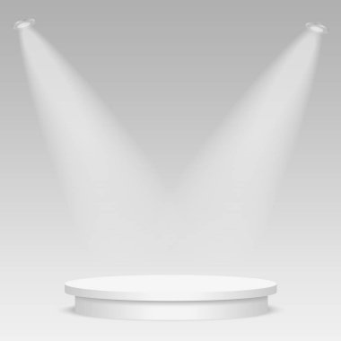 Yuvarlak Sahne Podyum şeffaf arka plan ışık ile aydınlatılmış. Sahne vektör zemin. Ödül töreni kırmızı halı ile şenlikli podyum sahne. Vektör çizim..