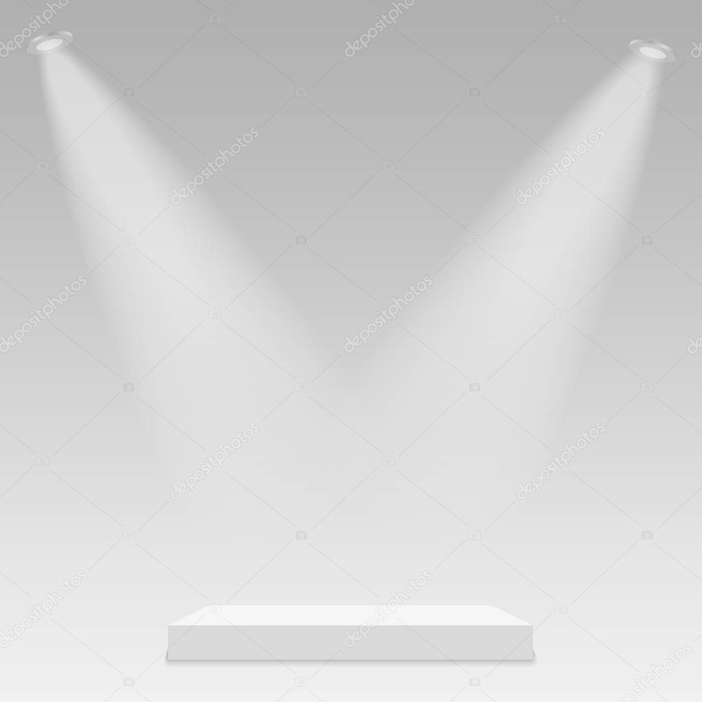 Round stage podium illuminated with light on transparent background. Vector.