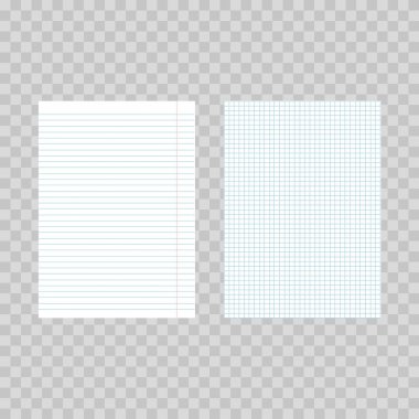 Saydam arka plan üzerine gerçekçi kare ve çizgili kağıt yaprak. Vektör.
