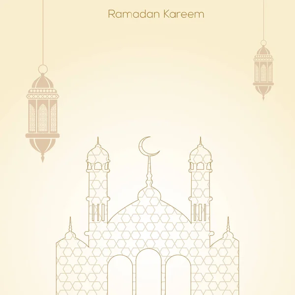 Ramadan Kareem cartão de saudação com mesquita e lâmpadas árabes. Vetor . — Vetor de Stock