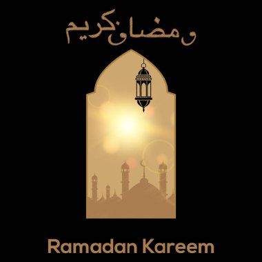 Ramazan Kareem tebrik kartı penceresinden görünümüne Camii ile. Vektör.
