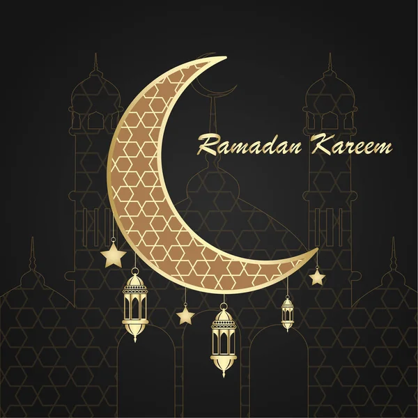 Tarjeta de felicitación Ramadán con luna y lámparas árabes. Vector — Vector de stock