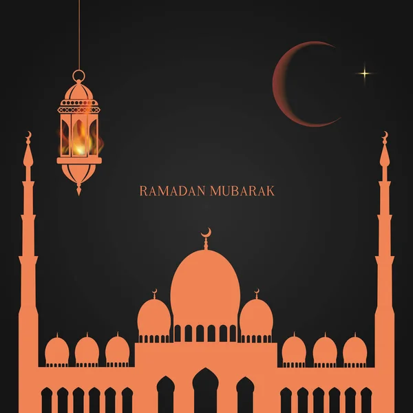 Ramadan Kareem cartão de saudação com mesquita, lua e lâmpadas árabes. Vetor — Vetor de Stock