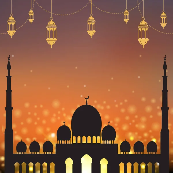 Открытки Рамадана Карима с мечетью, лунными и арабскими лампами. Вектор — стоковый вектор