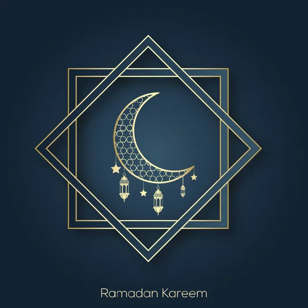 Ramadan Kareem Grußkarte mit islamischem Laternenhalbmond und arabischem Ornament. Vektor — Stockvektor