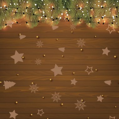 Noel arkaplanında tahta arka planda Xmas süsleri var. Vektör.