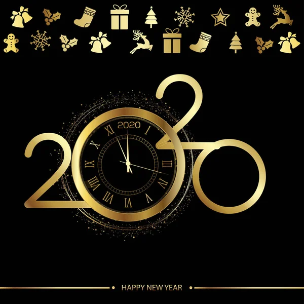 Feliz Año Nuevo o tarjeta de felicitación de Navidad con reloj de oro. Vector 2020 — Archivo Imágenes Vectoriales