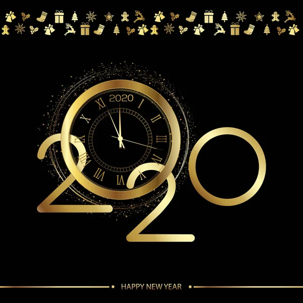 Feliz 2020 Año tarjeta con texto de oro y reloj en negro. Vector — Archivo Imágenes Vectoriales