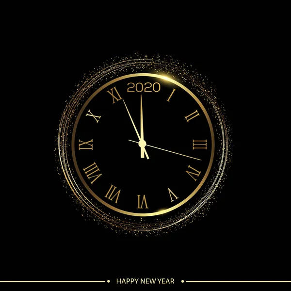 Feliz 2020 Año tarjeta con reloj de oro sobre fondo negro. Vector — Archivo Imágenes Vectoriales