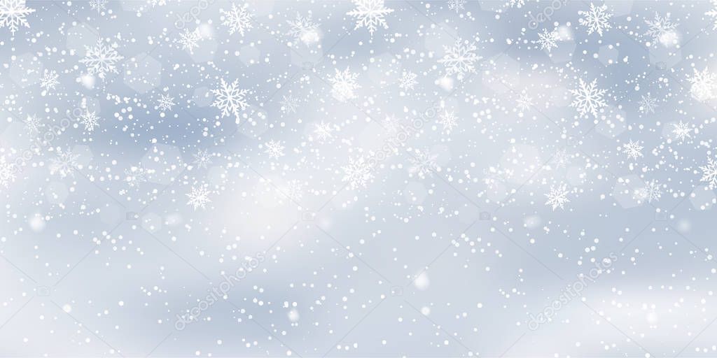 Christmas landscape with falling snowflakes on blue sky. Vector