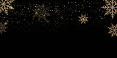 Vánoce nebo šťastný Nový rok karty pozadí s padající zlaté sněhové vločky na černé. Vektor