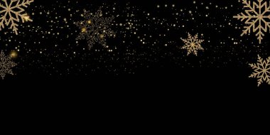 Noel ya da yeni yıl kartı geçmişinde siyah üzerine düşen altın kar taneleri. Vektör