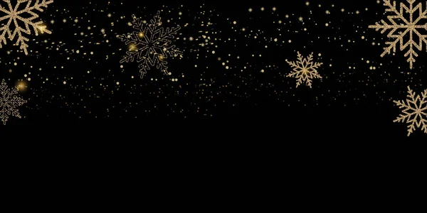 Navidad o Feliz Año Nuevo fondo de la tarjeta con la caída de copos de nieve de oro en negro. Vector — Vector de stock