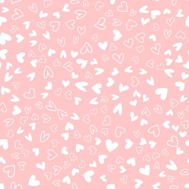Pembe arka planda beyaz kalpleri olan kusursuz bir desen. Vektör.