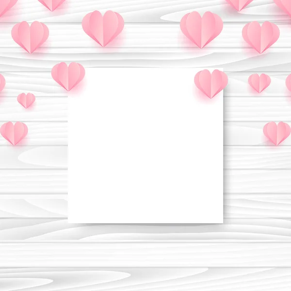 Biglietto di San Valentino con cuori di origami volanti su sfondo di legno. Vettore — Vettoriale Stock