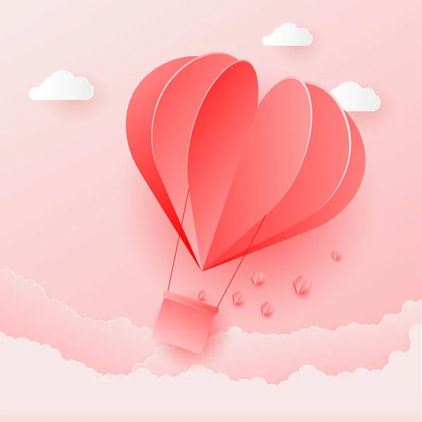 Origami Walentynki ilustracja z latającym czerwonym sercem balon powietrza. Wektor — Wektor stockowy