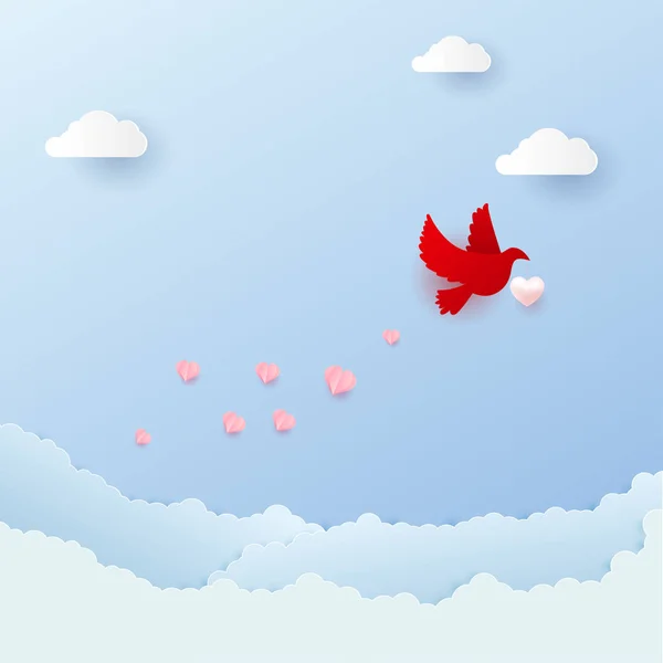 Happy Valentines Day origami with flying birds on the sky with heart paper art. Vector illustration. — Stok Vektör
