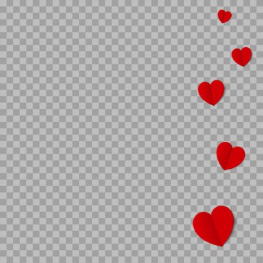 Falling paper red hearts on transparent background. Vector.