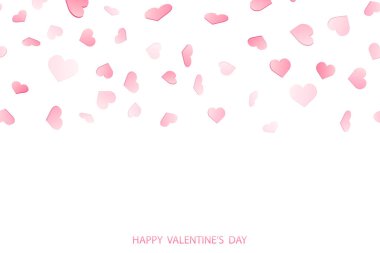 Valentines day card with falling pink hearts on transparent background. Vector