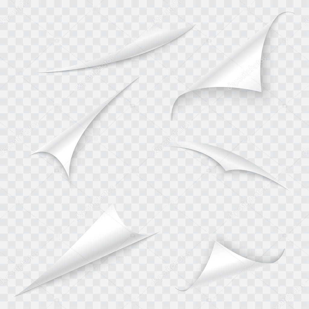 Set of Curled page corners on transparent background. Vector.