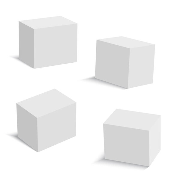 Set of white cardboard square boxes different views. Vector