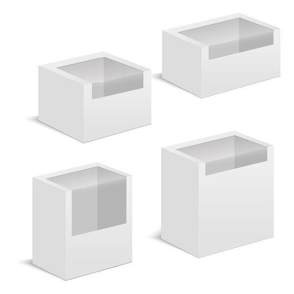 Комплект упаковки бумажной коробки для бутербродов, продуктов питания, подарков или других изделий с пластиковым окном. Вектор
