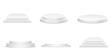 Beyaz podyum. Yuvarlak 3D boş podyum ve basamaklar. Vektör