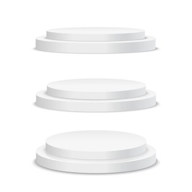 Beyaz podyum. Yuvarlak 3D boş podyum ve basamaklar. Vektör modellemesi.