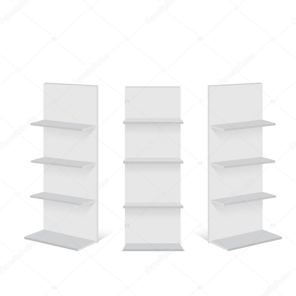 Blank empty showcase display with retail shelves. Vector mock up