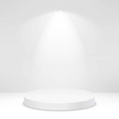 Beyaz yuvarlak podyum. Yaya, sahne, sahne ışığı. Vektör illüstrasyonu.