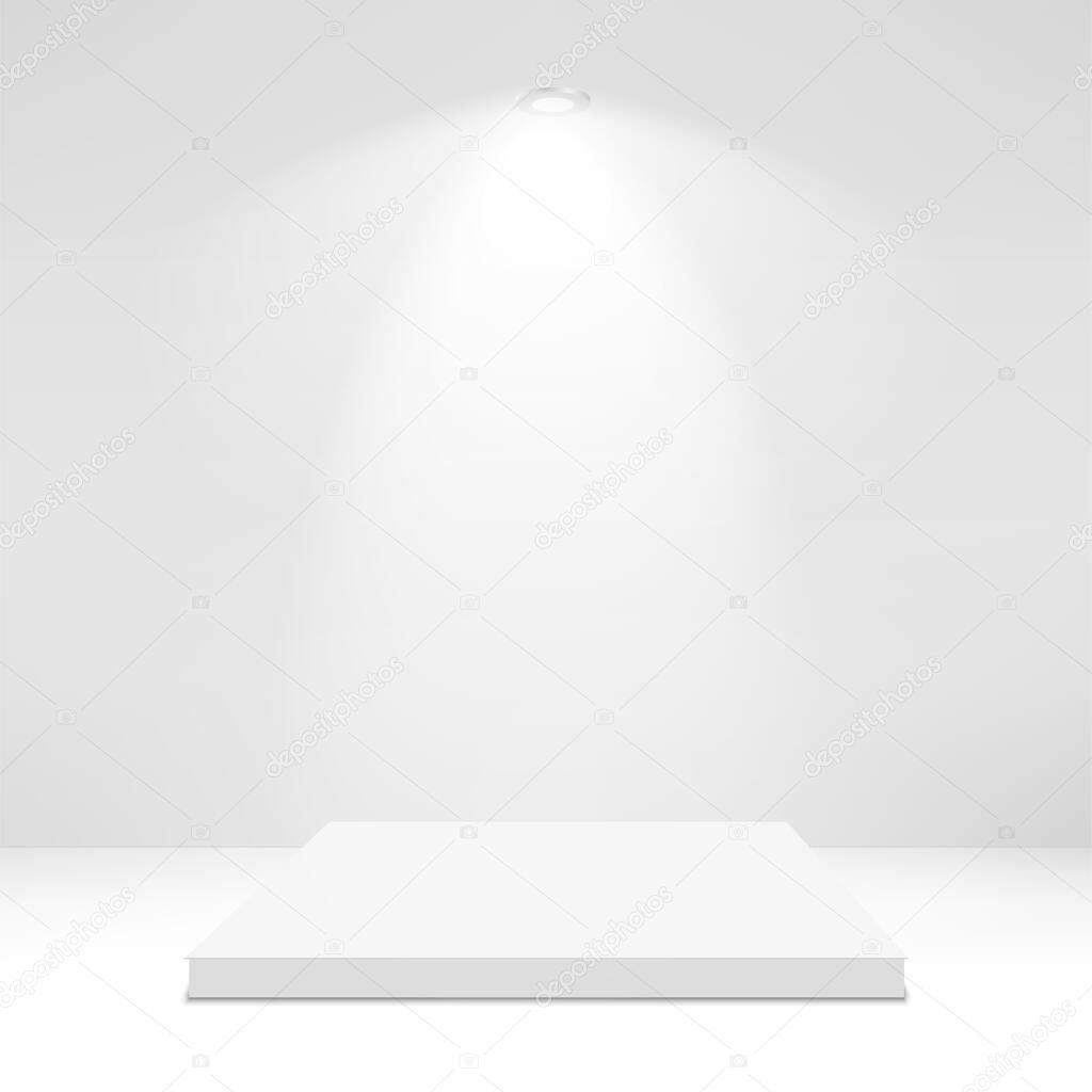 Square stage podium illuminated with light on transparent background. Vector.