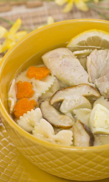 Italian soup with chicken and mushroom pasta — Stock Photo, Image