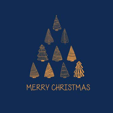 Cute Merry Christmas greeting card with Christmas trees set in for of tower of pyramide. Line drawing. vector Cute Merry Christmas greeting card with Christmas trees set in for of tower of pyramide. Line drawing. vector