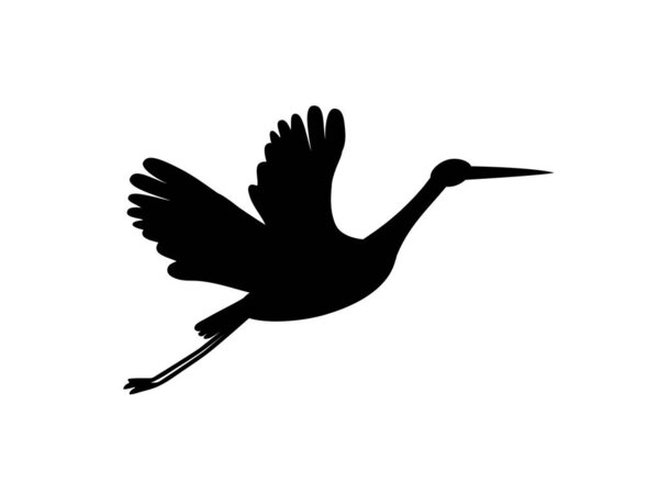 Stork logo silhouette. Black bird flying isolated on white. Symbol for news, delivery, pregnancy, baby shower.
