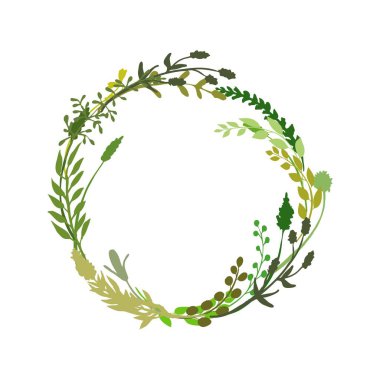 Floral wreath made of grass in circle. Hand drawn wild herbs and flowers. Botanical illustration. Great to place text, quote or logo. Round frame or border. Vector vector